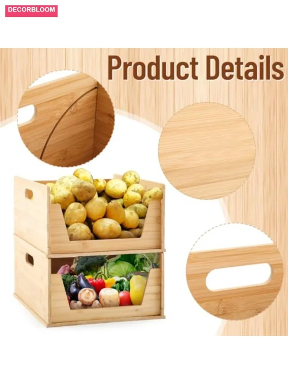 2 Pack Bamboo Stackable Pantry Storage Bins Open Front Organizer